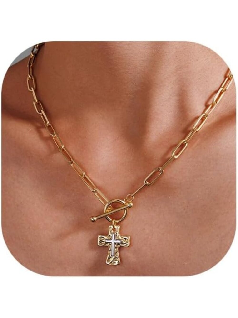 Chunky Double Cross Pendant Necklace for Women - 14K Gold/Silver Plated Faith